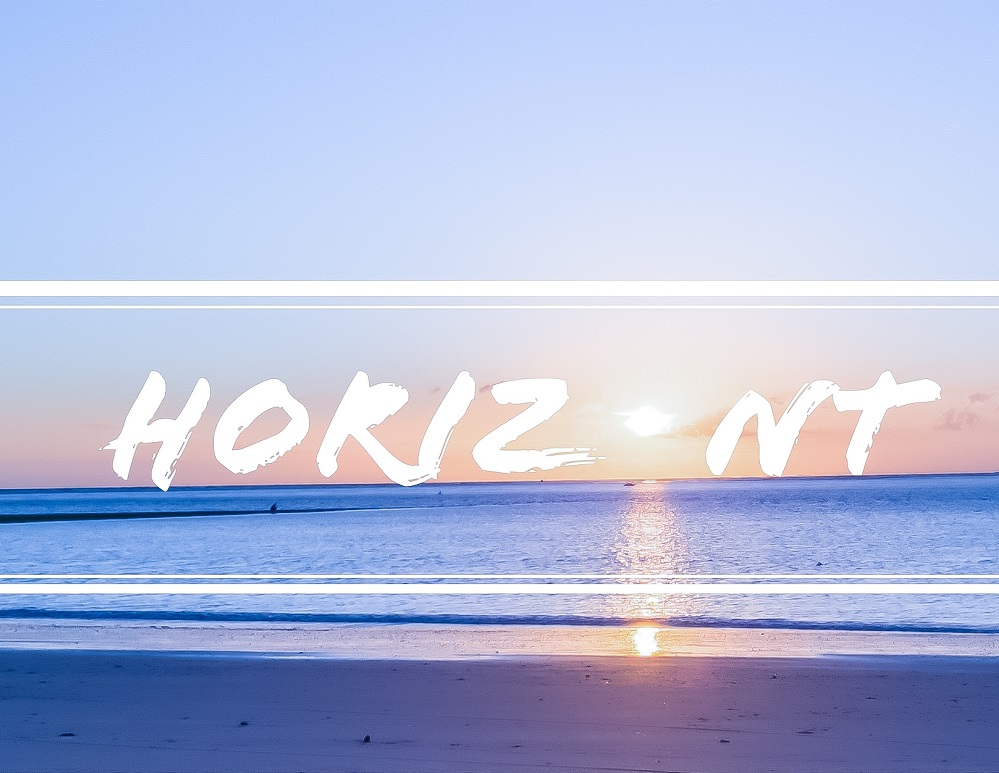 Das Bild zeigt einen Sonnenuntergang. Auf dem Bild steht in weißen Buchstaben das Wort "Horizont"