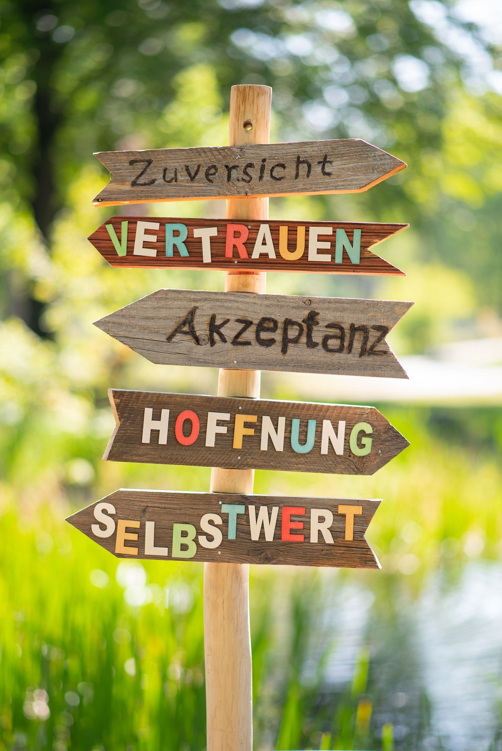Ein Wegweiser mit den Worten "Zuversicht", "Hoffnung", "Vertrauen", "Akzeptanz" und "Zuversicht"
