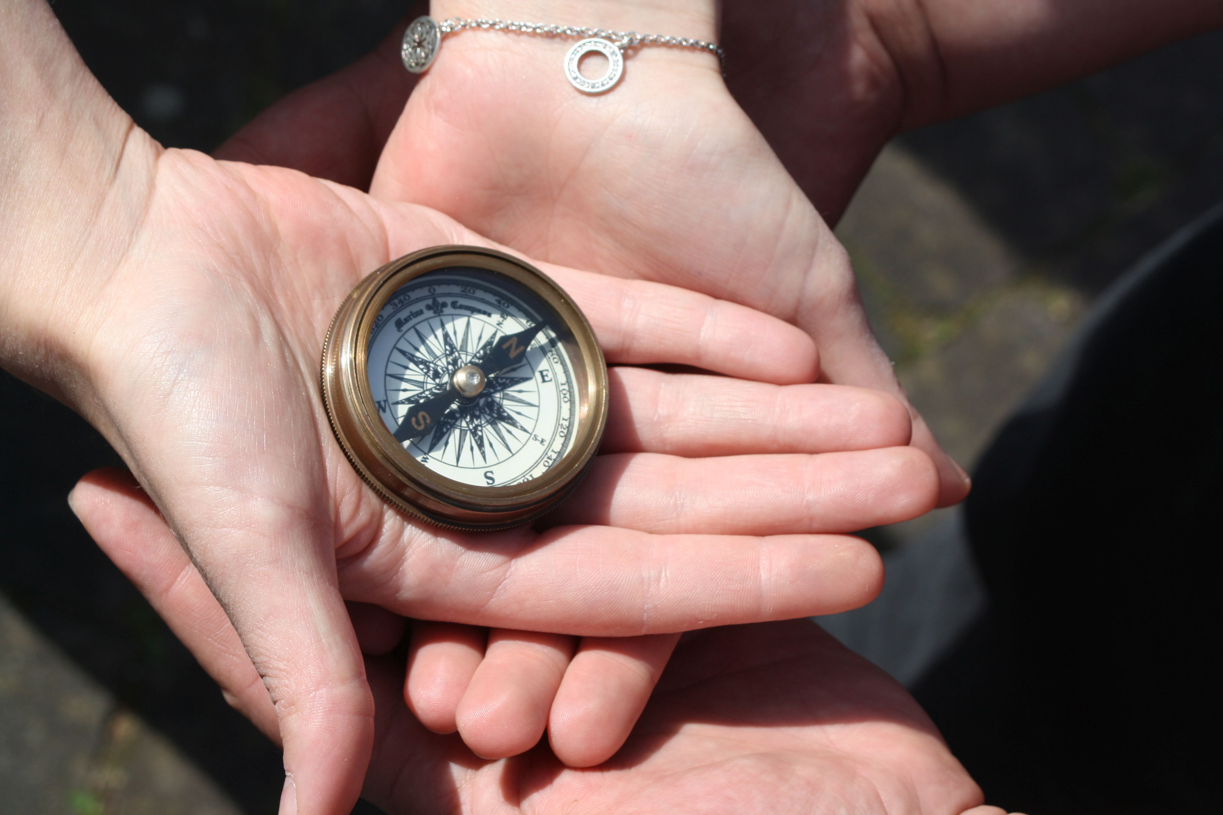 Das Bild eine Hand, in der ein kleiner Kompass liegt.