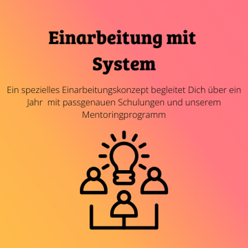 Das Bild zeigt eine Zeichnung mit drei Personen und einer Glühbirne. Darüber steht geschrieben "Einarbeitung mit System"